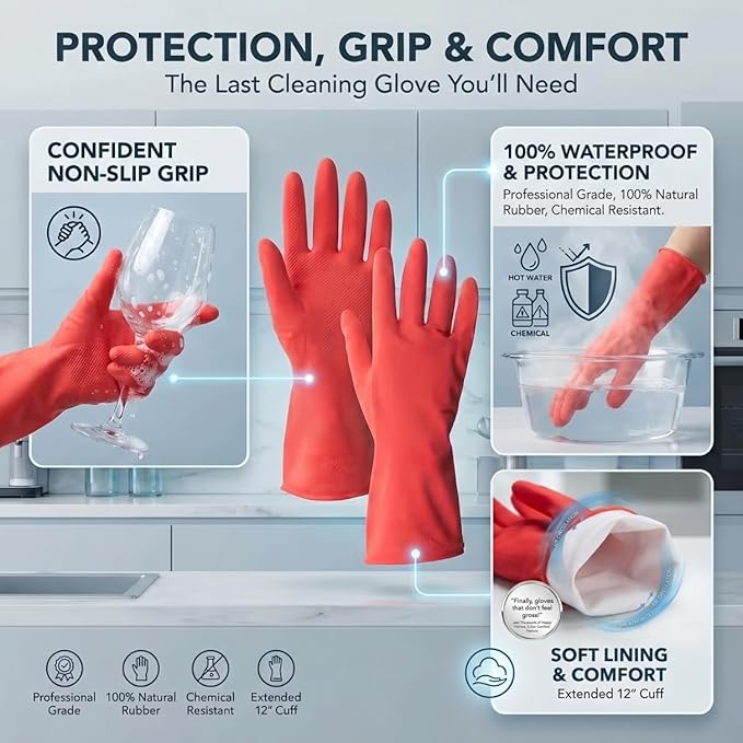 ForPro Natural Rubber Cleaning Gloves, 6 Pairs Reusable Dishwashing Gloves with Soft Inner Lining, Non-Slip Waterproof Kitchen Gloves, Chemical-Resistant, Extended Cuff, Multi-Color, Large