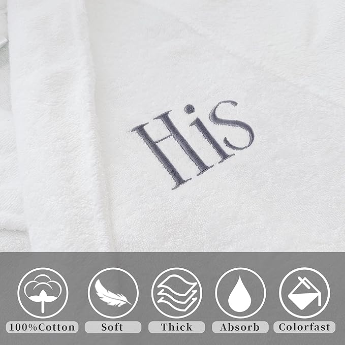 VOOVA & MOVAS Towel Robe for Men,Premium 100% Cotton Terry Shawl Collar Super Absorbent Bathrobe, Ideal Bathroom Robe,White with His