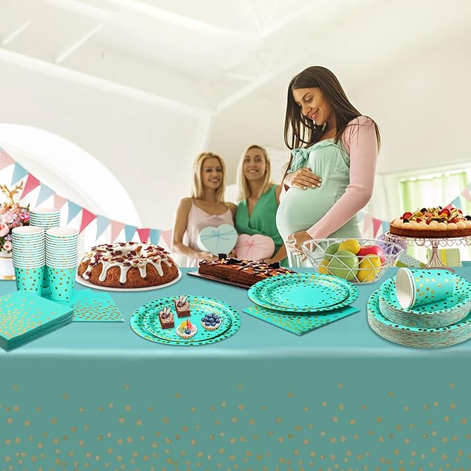 200PCS Teal Plates and Napkins Party Supplies,Teal Paper Plates with Golden Dot Serve 50 Guests，Teal and Gold Birthday Decorations for Women Men Wedding Baby Shower Graduation