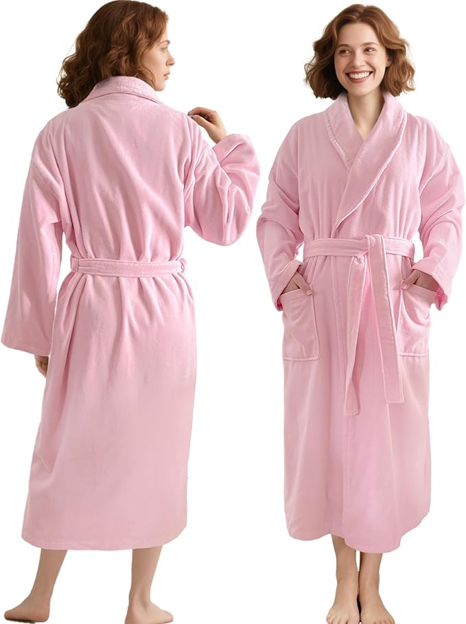 Women Bath Robe,Premium 100% Cotton Terry Shawl Collar Super Absorbent Bathrobe, Ideal Bathroom Robe,Pink