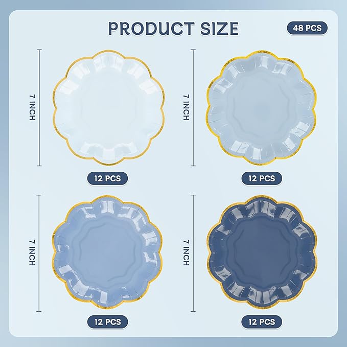 AimFun 48 Pcs Dusty Blue Party Plates Gradient Blue Dessert Paper Plates 7inch Gold Foil Scalloped Edge Disposable Cake Plates for Tea Party Birthday Bridal Baby Shower Wedding Party Supplies