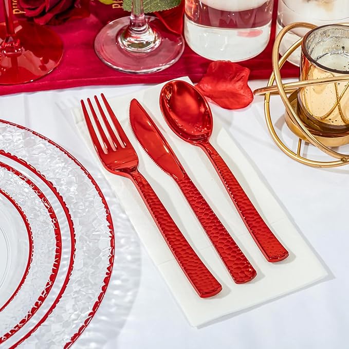 Ciaell 350 PCS Clear and Red Plastic Plates – Red Dinnerware Set for 50 Guests Include 100 Plastic Plates, 50 Pre Rolled Napkins with Cutlery Set, 50 Cups for Wedding & Party