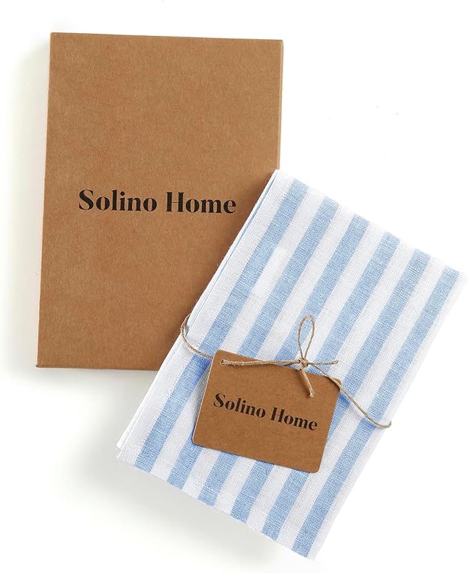 Solino Home Sky Blue and White Linen Kitchen Towels Set of 2-100% Pure Linen 17 x 26 Inch Amalfi Stripe Tea Towels with Hanging Loop - European Flax Kitchen Dish Cloth- Quick Dry & Machine Washable