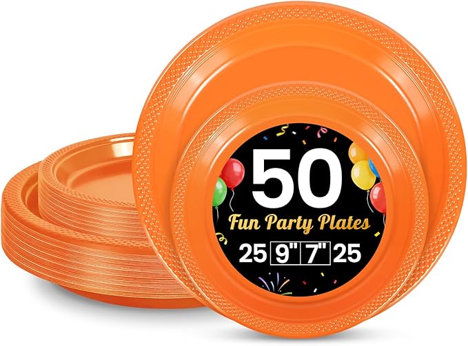 LANLISA 50 Pcs Orange Plastic Plates For Party, 25-9" & 25-7" Disposable Cake Dessert Plates For Birthday, Halloween, Thanksgiving Decorations, Harvest, Fall Dinner