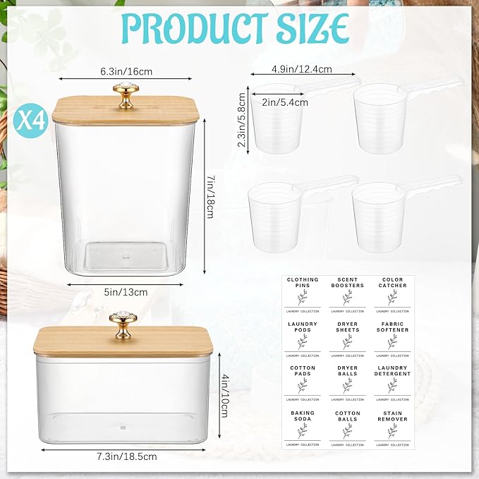 Reallnaive 5 Pcs Laundry Room Organization Storage Containers 4 Large 3L Laundry Pod Containers and Dryer Sheet Holder with Bamboo Lids 18 Labels 4 Scoops for Detergent Powder Laundry Organizer