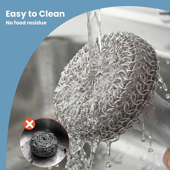 Cast Iron Scrubber with Long Handle | 316 Cast Iron Cleaner Chainmail Scrubber for Pan Skillet Cleaner - Dish Scouring Pad Dishwasher Safe Cleaning Kit (Grey, 1 Scrubber + 1 Scraper)