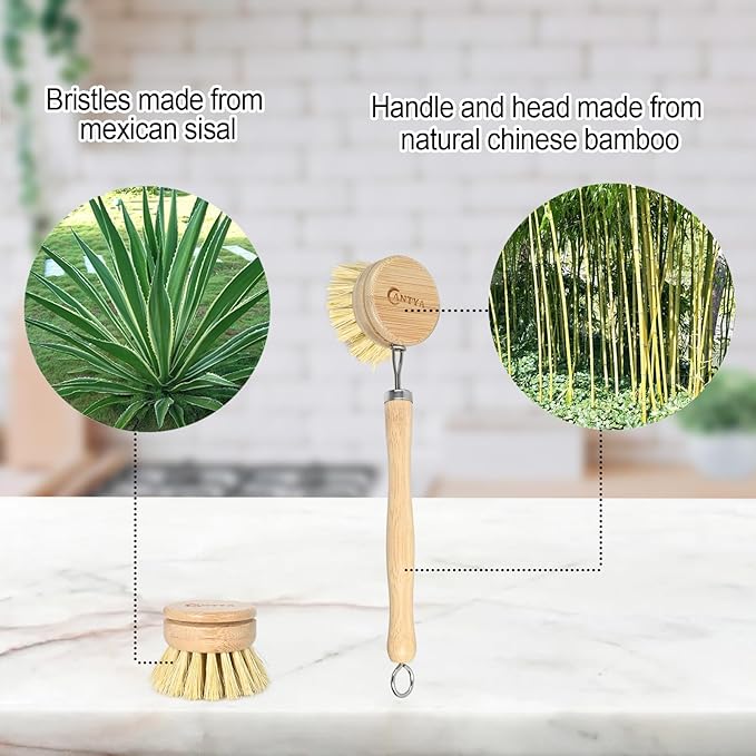 Bamboo Dish Brush with Handle - Soft Bristle, Non Toxic Dish Scrubber Compostable & Sustainable Bamboo Scrub Brush for Dishes, Pots and Pans