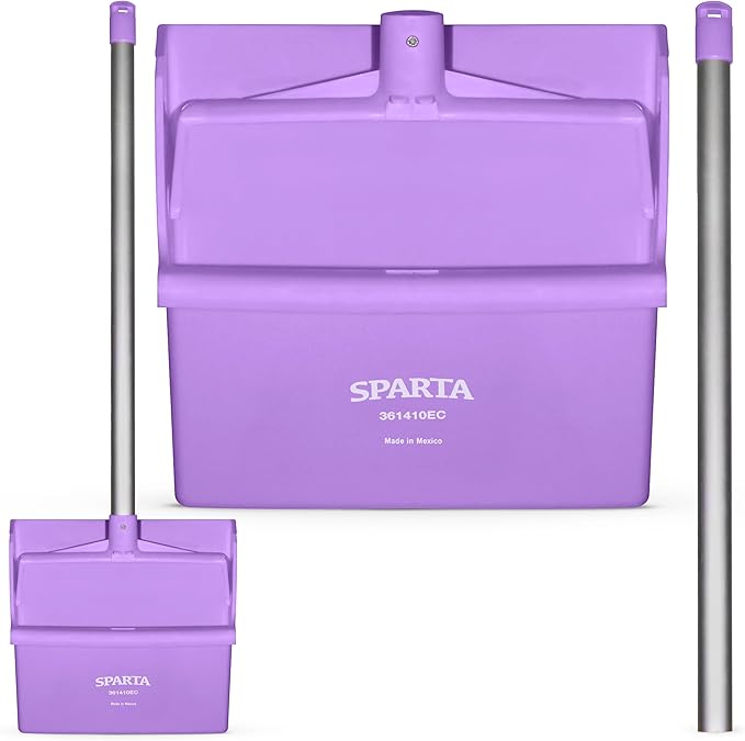 SPARTA Upright Dustpan with Aluminum Handle, Serrated Edge for Broom Combing, Secure Yoke Lock with Easy Storage Hanging Hole for Commercial Cleaning, Plastic, 30 Inches, Purple