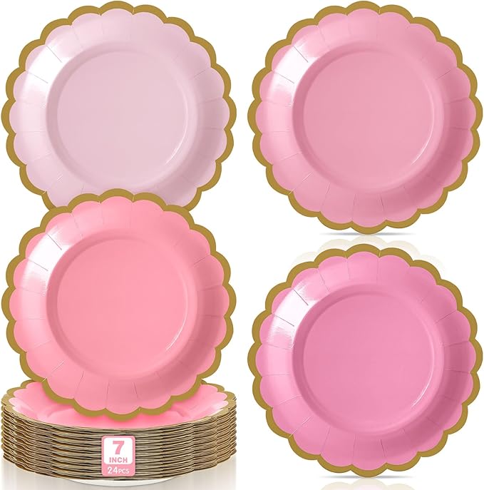 48 Pcs Valentine's Day Pink Paper Plates 7 Inch Gradient Pink Scalloped Disposable Dessert Plate for Women Coquette Bridal Wedding Birthday Galentine's Baby Shower Party Supplies