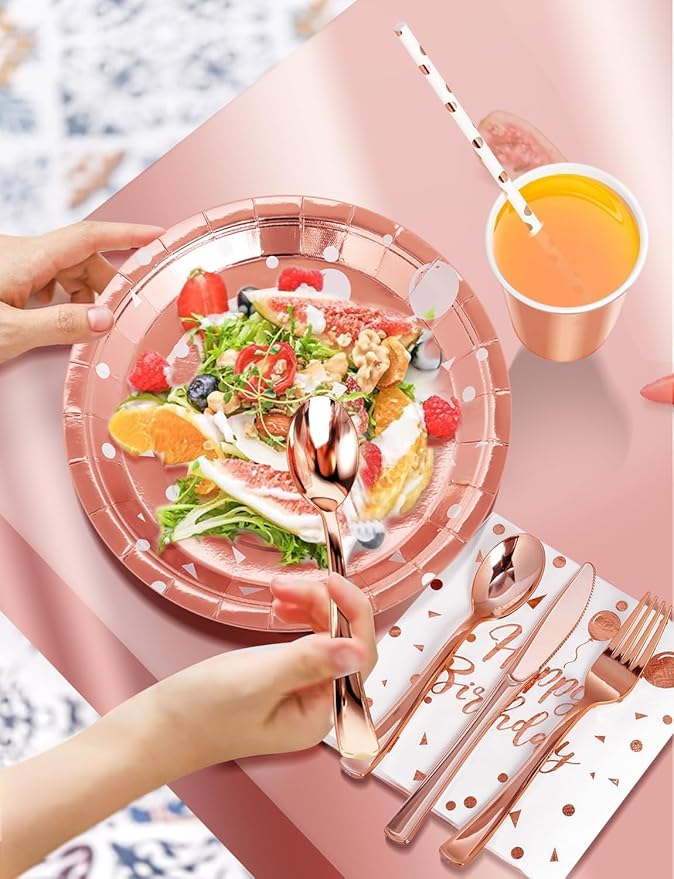Nkaiso Birthday Party Tableware, 161 Pieces Rose gold Party Supplies, Dinnerware Sets Include Paper Plates Napkins Cups Silverware, for Shower Engagement Parties Decoration -20 Serves