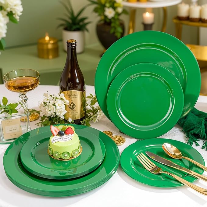 FLOWERCAT 60PCS Green Plates & St. Patrick's Day Plates - Heavy Duty Dark Green plates Disposable for Party&Event- Include 30PCS 10.25" Dinner Plates & 30PCS 7.5" Dessert Plates