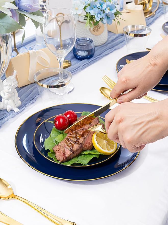 WDF 300PCS Navy Blue Plates Disposable - Blue Plastic Plates 50guest Heavy Duty Plastic Dinnerware Sets for Party/Wedding/Birthday/Graduation