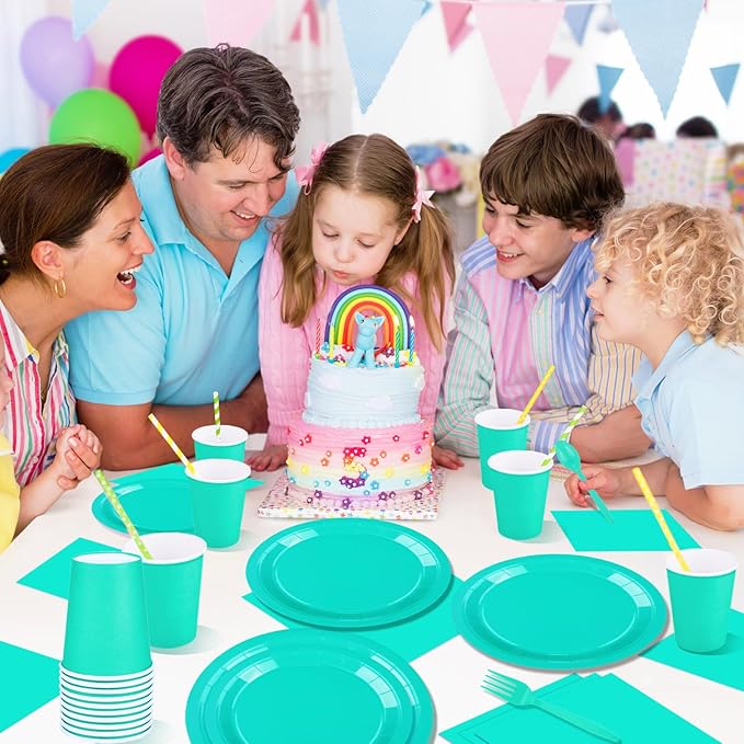 228PCS Teal Blue Party Supplies Set Include Paper Plates Cups Teal Blue Napkins Plastic Spoons Forks Knives for 30 Guests Disposable Party Dinnerware for Birthday Wedding Family Picnic