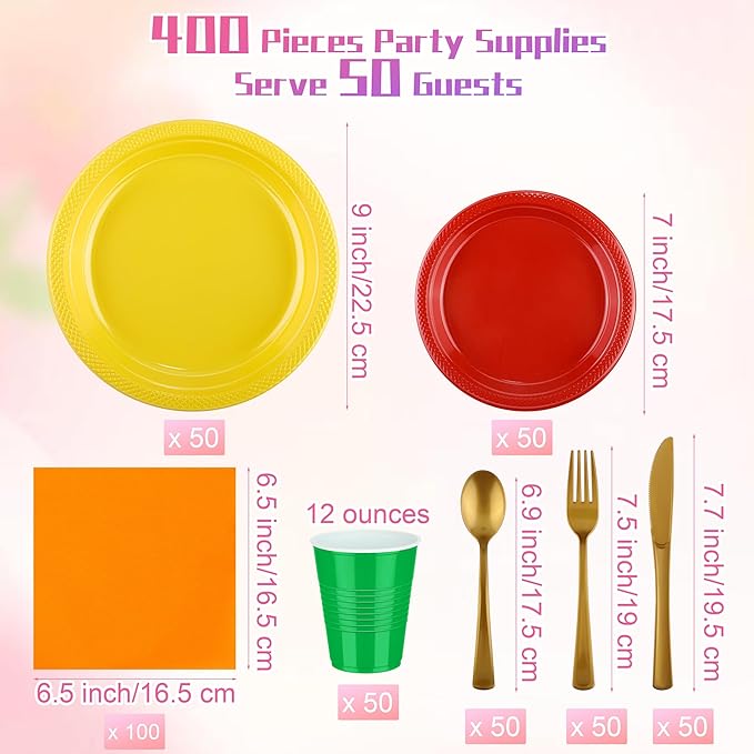 Aodaer 400 Pieces Colorful Dinnerware Set, Disposable Party Supplies Include 7/9 Inch Yellow Red Plastic Plates Green Cups Cutlery Napkins for Rainbow Birthday Party Decor, Serve 50 Guest
