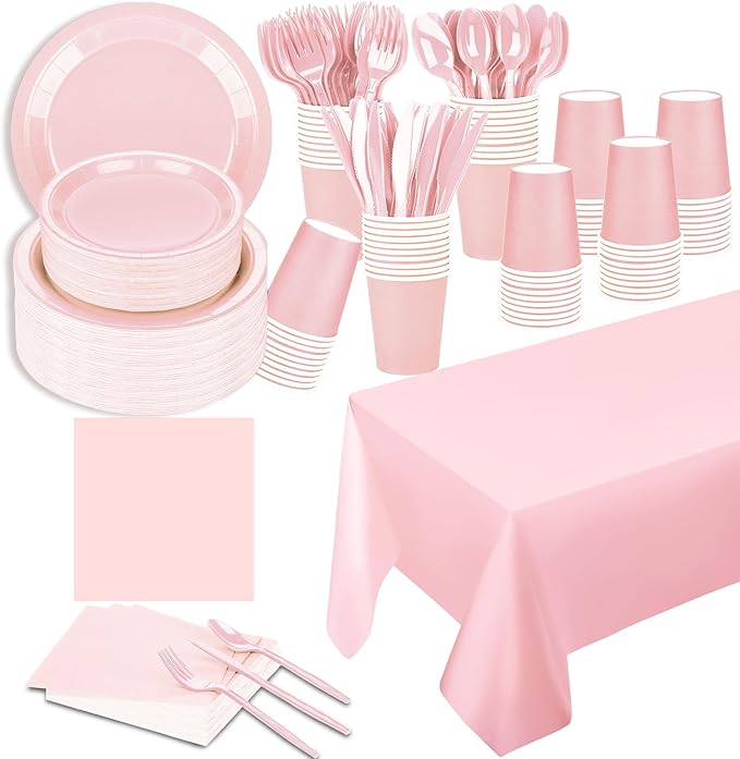 229PCS Pink Party Supplies Set Paper Disposable Plates Cups Plastic Spoons Forks Knives Pink Napkins for 30 Guests Disposable Party Dinnerware Sets for Wedding Birthday Parties