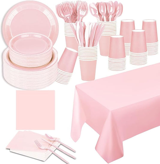 229PCS Pink Party Supplies Set Paper Disposable Plates Cups Plastic Spoons Forks Knives Pink Napkins for 30 Guests Disposable Party Dinnerware Sets for Wedding Birthday Parties