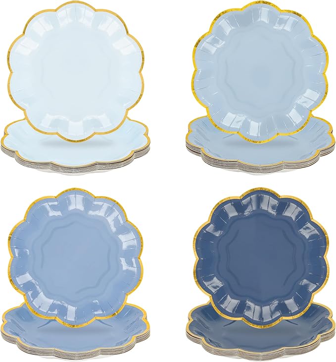 AimFun 48 Pcs Dusty Blue Party Plates Gradient Blue Dessert Paper Plates 7inch Gold Foil Scalloped Edge Disposable Cake Plates for Tea Party Birthday Bridal Baby Shower Wedding Party Supplies