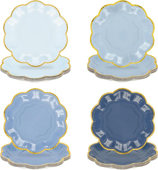 AimFun 48 Pcs Dusty Blue Party Plates Gradient Blue Dessert Paper Plates 7inch Gold Foil Scalloped Edge Disposable Cake Plates for Tea Party Birthday Bridal Baby Shower Wedding Party Supplies