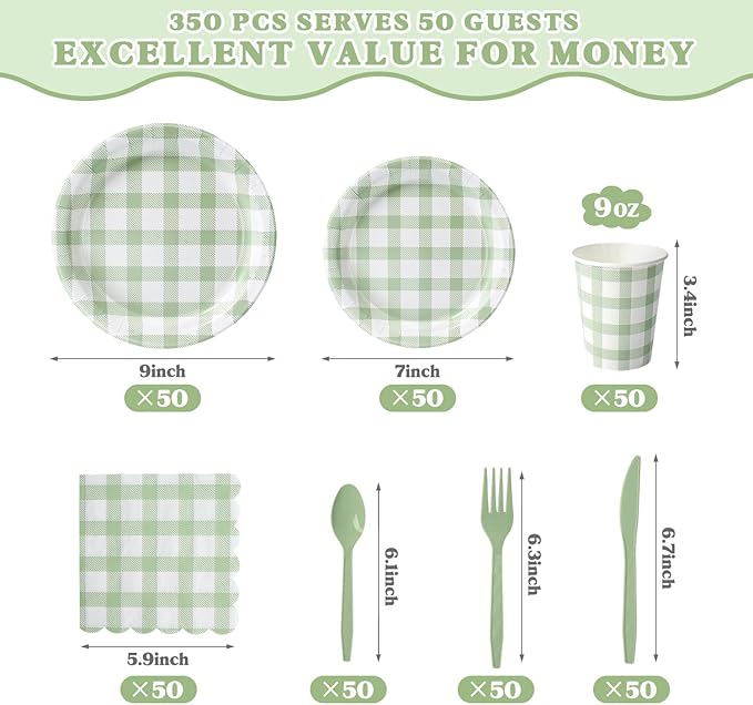 Vyntra 350 Pcs Sage Green Gingham Paper Plates and Napkins Set for 50, 9" Dinner Plates & 7" Dessert Plate, Tableware for Garden Birthday Party