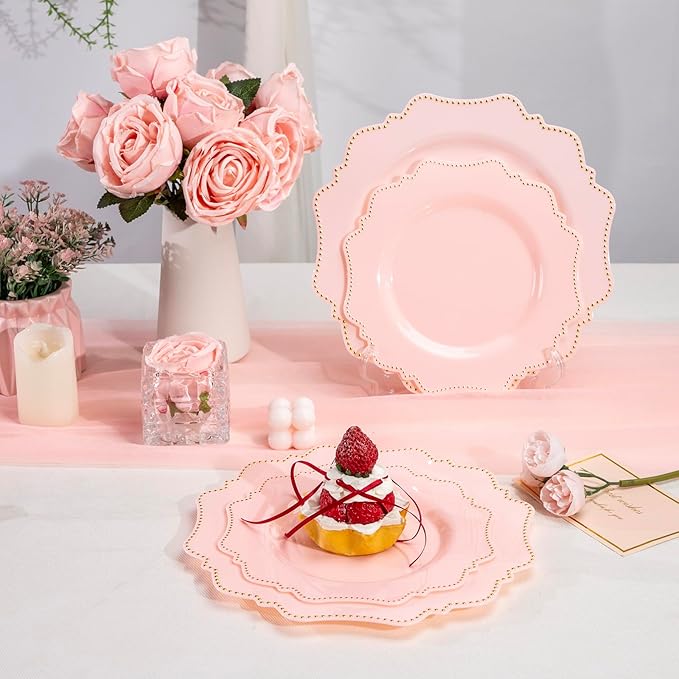 COLOSUS 60Pcs Pink and Gold Plastic Plates Set, Gold Pink Disposable Party Plates, 30pcs Dinner Plates and 30pcs Salad/Dessert Plates for Wedding, Party, Anniversary, Daily Use,Valentine's Day