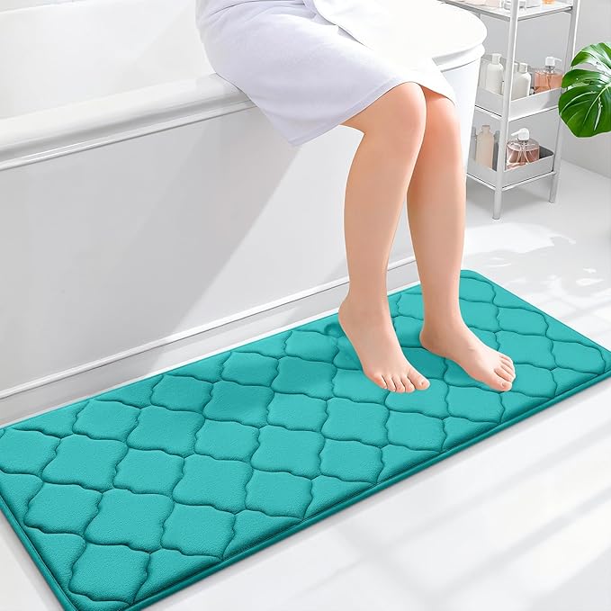 OLANLY Memory Foam Bath Mat Rug 47x17, Ultra Soft and Absorbent Bathroom Rugs, Non-Slip, Comfortable, Machine Washable Bath Carpet for Bathroom Floor, Tub, Shower and Home Decor Accessories, Teal