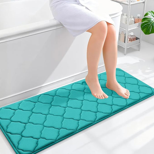 OLANLY Memory Foam Bath Mat Rug 47x17, Ultra Soft and Absorbent Bathroom Rugs, Non-Slip, Comfortable, Machine Washable Bath Carpet for Bathroom Floor, Tub, Shower and Home Decor Accessories, Teal