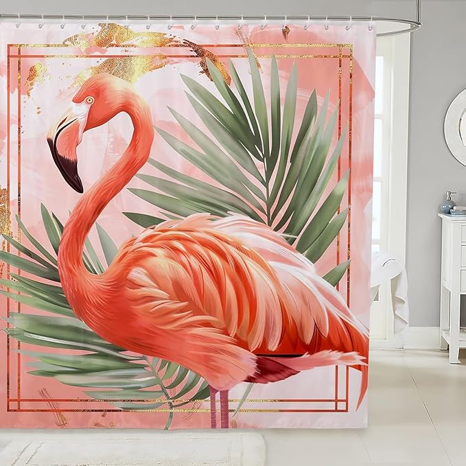 Feelyou Flamingo Bath Curtain Kids Tropical Flamingo Pattern Shower Curtain Boys Girls Decor Animal Decor Bathroom Shower Curtain Set Polyester Bird Print Pink Kids Bathroom Accessories 72"x84"