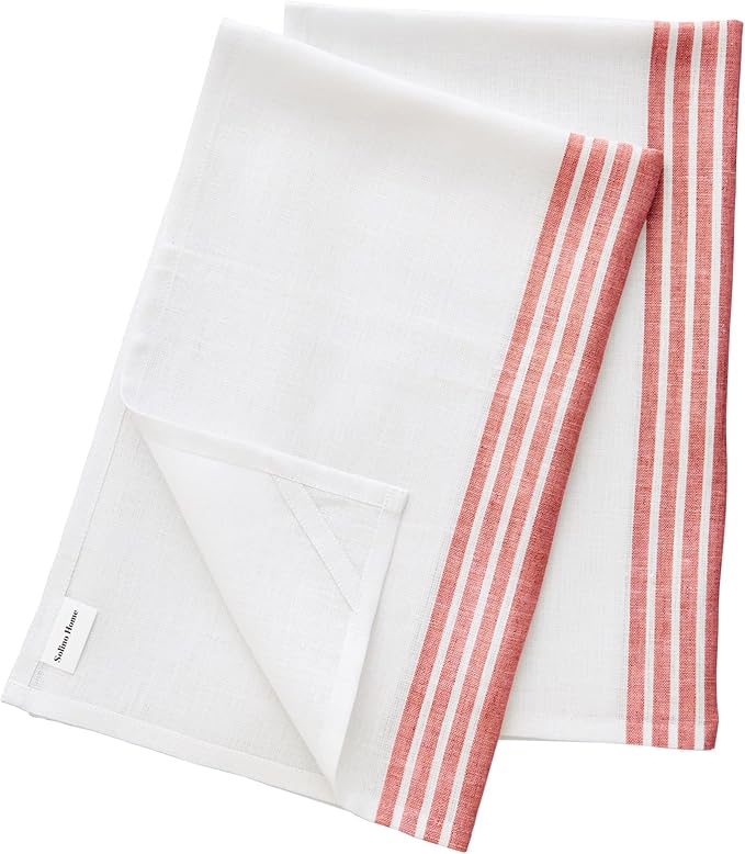 Solino Home Red and White Linen Kitchen Towels Set of 2-100% Pure Linen 17 x 26 Inch Farmhouse Tea Towels with Hanging Loop - European Flax Kitchen Dish Cloth - Quick Dry & Machine Washable