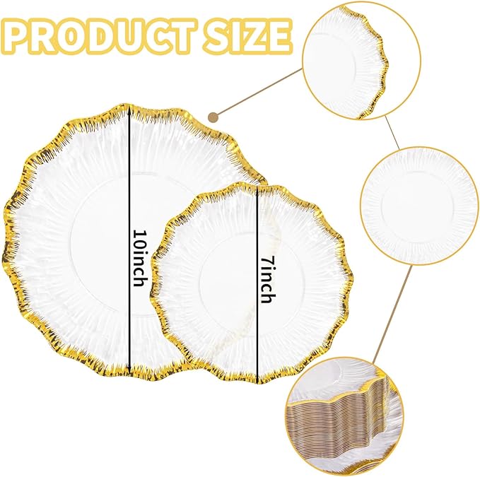 DaYammi 60Pcs Clear Plastic Plates with Gold Rimmed - Gold Disposable Plates Set Including 30pcs Dinner Plates,30pcs Dessert Plates with Radial Texture for Party & Wedding