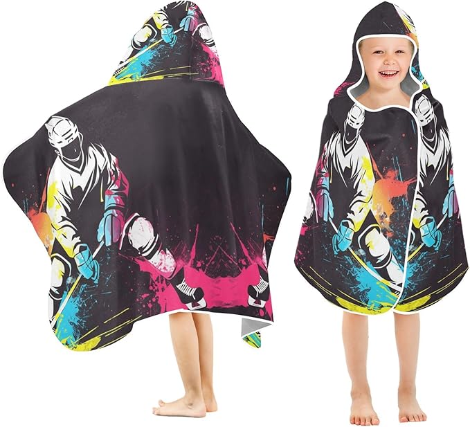 Hooded Towel for Kids Colorful Hockey Player Beach Wrap Bath Towels 50x23.5in
