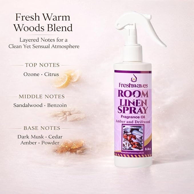 Freshwaves Room & Linen Spray | Amber & Driftwood Fragrance Oil | 8.8oz Air Freshener | Odor Eliminator for Living Room, Bedroom, Bathroom & Office | White Bottle