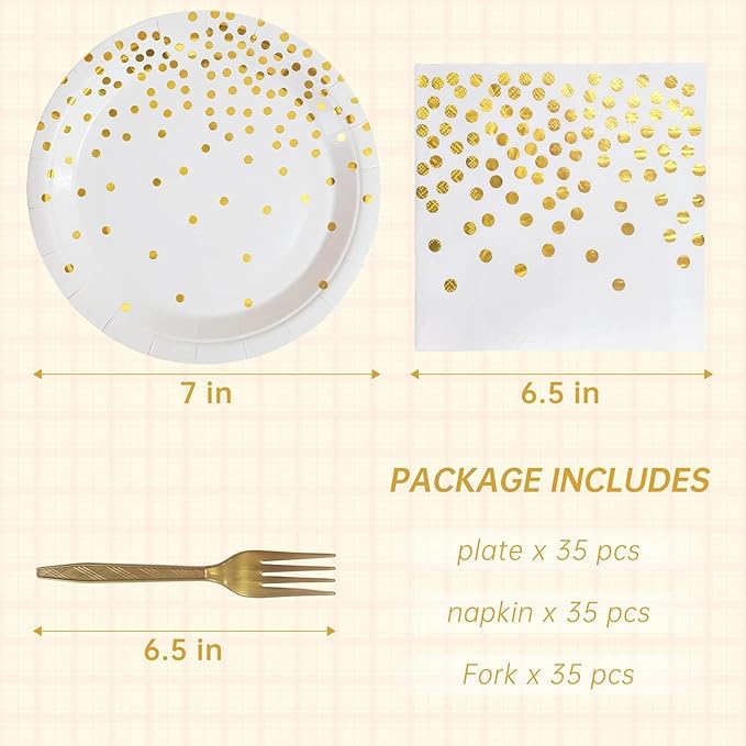 White and Gold Paper Plates Napkins Party Supplies,Disposable Gold Dot Paper Dessert Plates,105 PCS Birthday Plates and Napkins Party Supplies for Wedding(Serves 35 Guests 7")