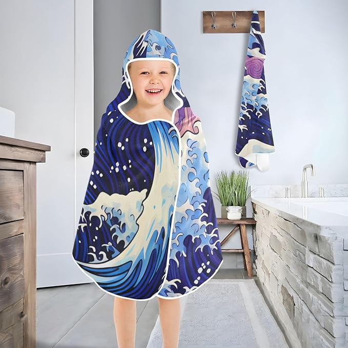 Hooded Towel for Kids The Great Waves of The Sea Beach Wrap Bath Towels 50x23.5in