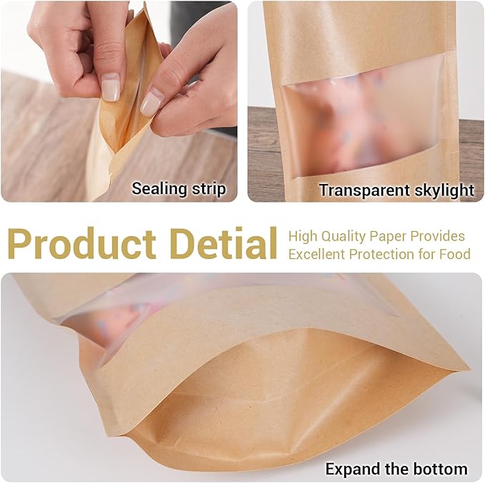 100 Pcs Kraft Paper Bags with Window, 5.5" x 7.9" Stand Up Pouches Bags, Food Storage Bags for Packaging Products, Reusable, Sealable