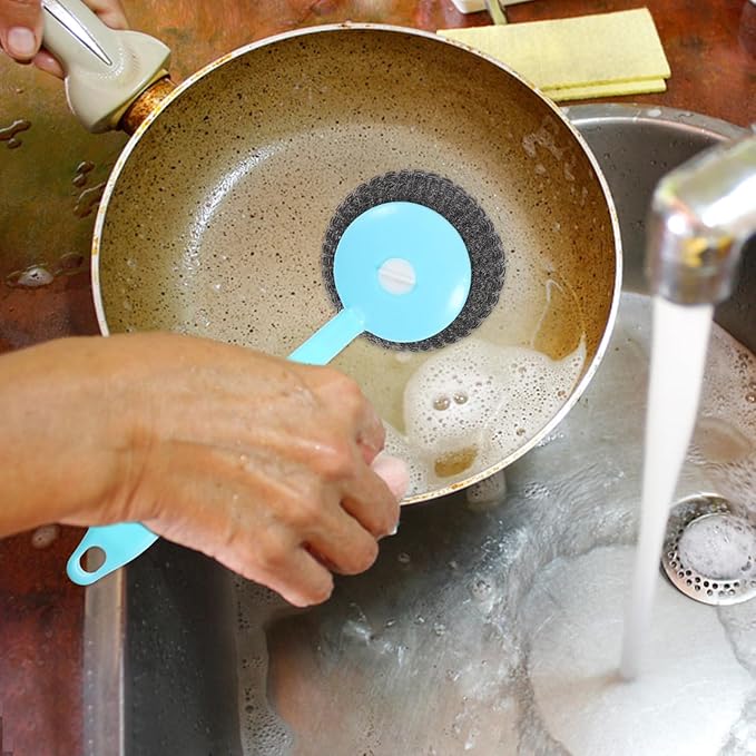 Kitchen Pot Scrubber with Handle and 8 Stainless Steel Wire Balls Dish Cleaning Brush for Pots Pans Sinks 9.64X3.14X2.55In