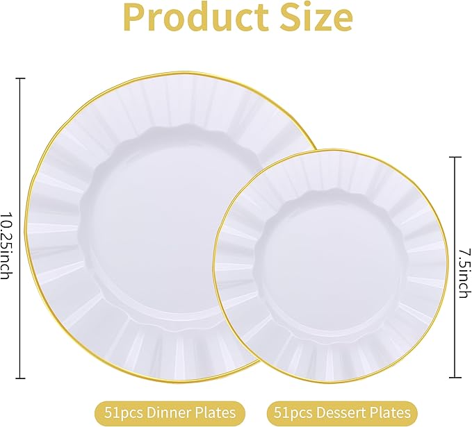 102Pcs White Plastic Plates, Heavy Duty Fancy Disposable Plate with Gold Rim, Party Plates include 51 Dinner & 51 Dessert Platos for Parties and Wedding(51 Guests)