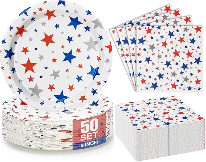 100Pcs 4th of July Plates and Napkins,Patriotic Party Tableware Set | 50*9inch Plates | 50*6.5inch Napkins,250th Anniversary Red Blue Silver Stars for Independence Day Veterans&Memorial Day Decoration