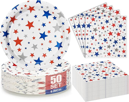 100Pcs 4th of July Plates and Napkins,Patriotic Party Tableware Set | 50*9inch Plates | 50*6.5inch Napkins,250th Anniversary Red Blue Silver Stars for Independence Day Veterans&Memorial Day Decoration