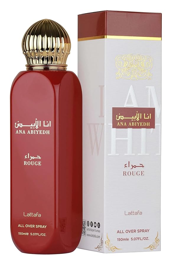 Lattafa Ana Abiyedh Rouge – Fruity, Gourmand, Floral, Musky – All Over Spray Long-Lasting Fragrance for Women, 5.07 Ounce / 150 ml