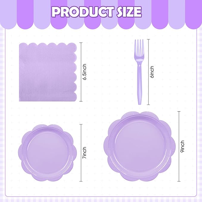 96 Pcs Lavender Paper Plates and Napkins Set Party Supplies, Light Purple Party Supplies for 24 Guest include Disposable Purple Scalloped Plates, Napkins and Forks for Baby Shower Easter Party Wedding