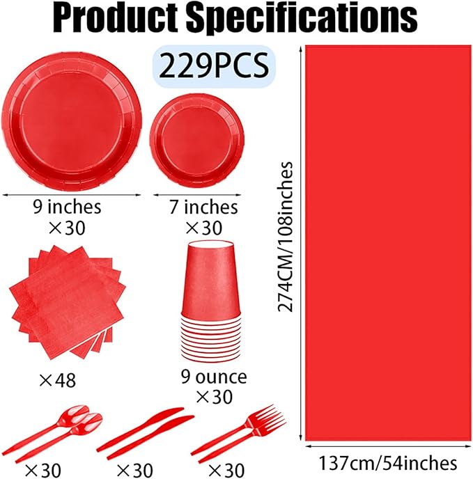 229PCS Red Party Supplies Set Paper Disposable Plates Cups Plastic Spoons Forks Knives Red Napkins for 30 Guests Disposable Party Dinnerware Sets for Wedding Birthday Parties