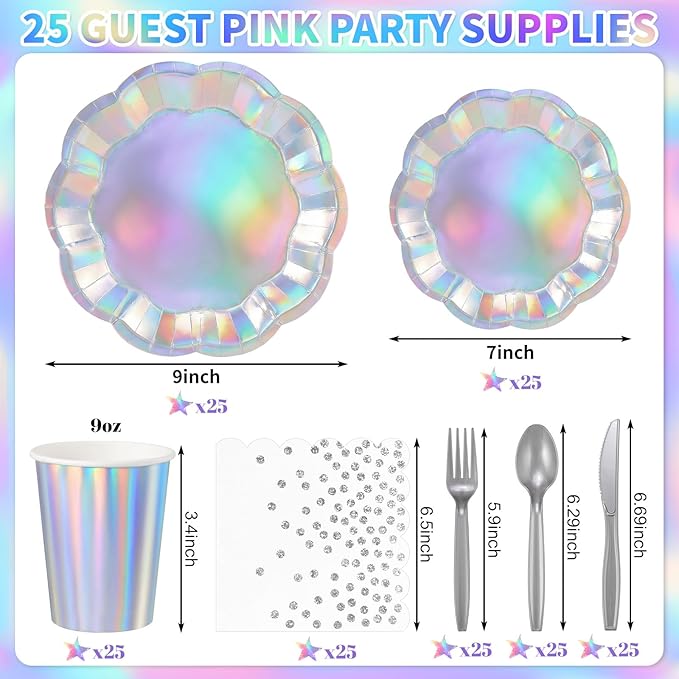 175 Pcs Iridescent Plates and Napkins Set, 25 Guest Iridescent Party Supplies Include Scalloped Plate Napkin Cup Forks Knives Disposable Plastic Cutlery for Birthda Bridal Wedding Disco