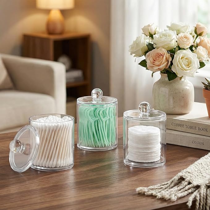 SheeChung 6-Pack Clear Acrylic Apothecary Jars with Labels - (3) 10oz & (3) 12oz Qtip Holder Set - Shatterproof Bathroom Vanity Organizer for Cotton Swabs, Balls, Pads - Minimalist Decor