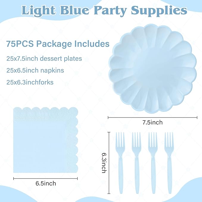 75 Pcs Blue Paper Plates and Napkins, Baby Blue Tableware Set Include Light Blue Scalloped Plates with Shell Edge, Napkins & Plastic Forks for Wedding Baby Shower Birthday Party, Serve for 25 Guests