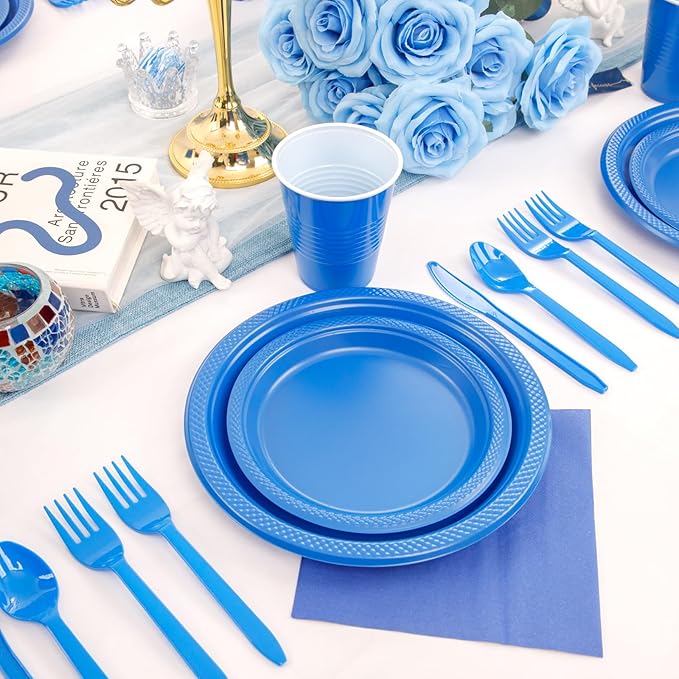 WELLIFE 210Pcs Blue Plastic Plates,Disposable Dinnerware Set,Party Supplies Including Blue Plates, 12oz Cups, plastic Cutlery and Napkins Serve 30 Guests, Plastic Plates for Party