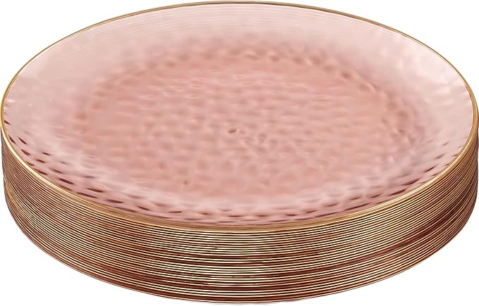 PLASTICPRO 30 Pack Hammered Plastic Plates Heavyweight Disposable Plastic Plates Elegant Rose Hammered with Gold Rim Platsic Party Dishes (Rose With Gold Rim, 10'' INCH PLATES)
