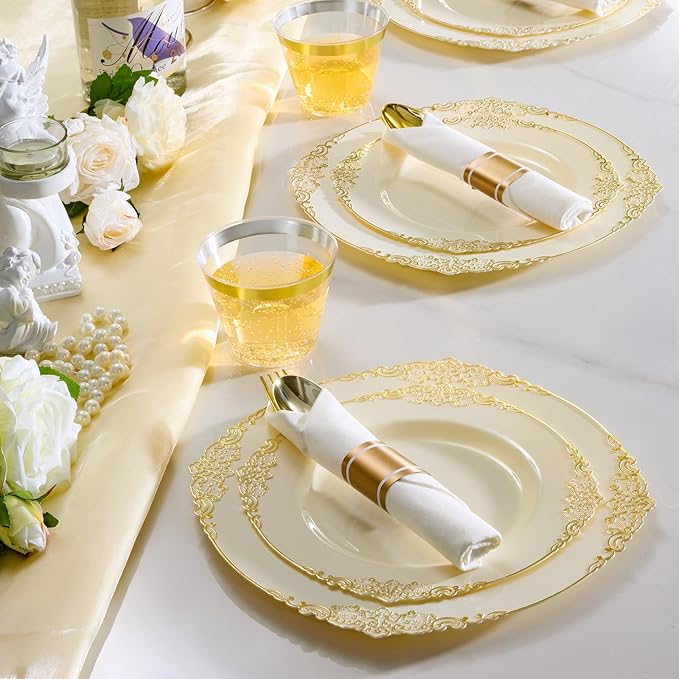 Bestluck 350PCS Ivory Plastic Plates for 50 Guests, Disposable Dinnerware Sets Include 100 Gold Rim Plastic Plates, 50 Silverwares, 50 Cups, and 50 Pre Rolled Napkins for Party, Wedding, Graduation