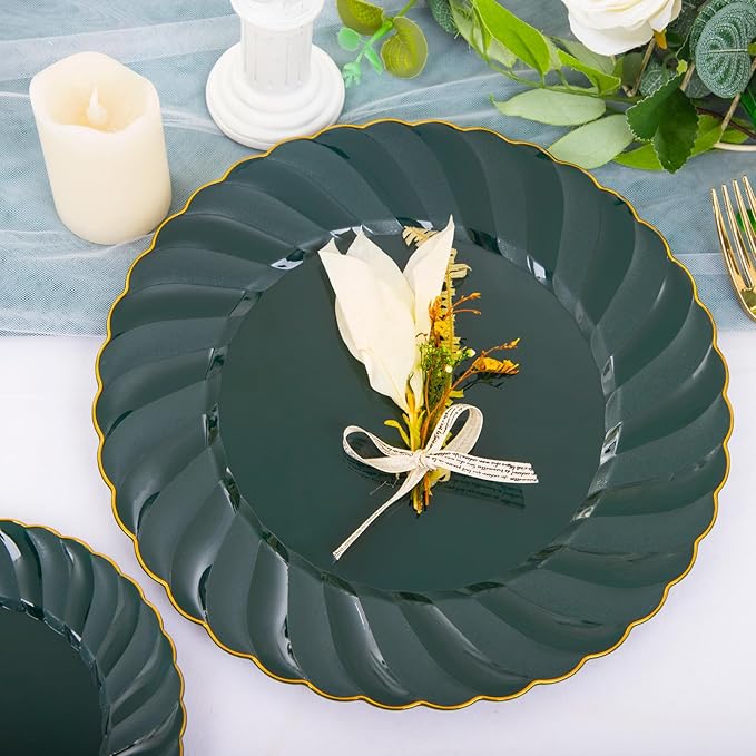 YOUBET 150PCS Emerald Green Plastic Plates - Green and Gold Disposable Dinnerware Include 50 Plates, 25 Knives, 25 Forks, 25 Spoons, 25 Napkins Ideal for Party & Wedding