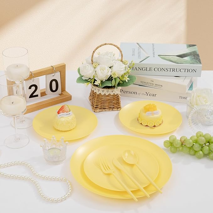 ejonirinjonir EI 150pcs Yellow Plastic Plates,Heavy Duty Bright Disposable Plate,Fancy Plastic Plates for Party,Yellow Dishes for Wedding,Easter,Afternoon Tea Party,Spring