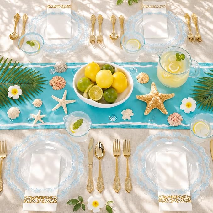 PULOTE 175-Piece Clear and Blue Plastic Plates - Blue Rim Disposable Dinnerware Set - Include 25 Dinner Plates, 25 Dessert Plates, 75 Cutlery, 25 Cups & 25 Napkins for Wedding and Parties